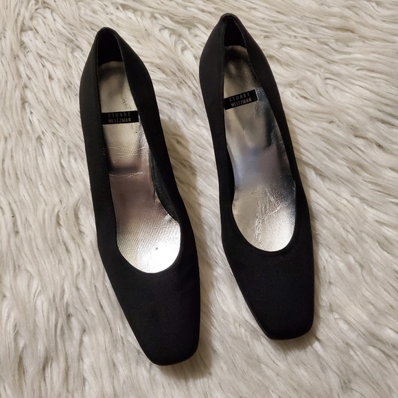 Stuart Weitzman Black Satin Classic Block Heels - Picture 1 of 8